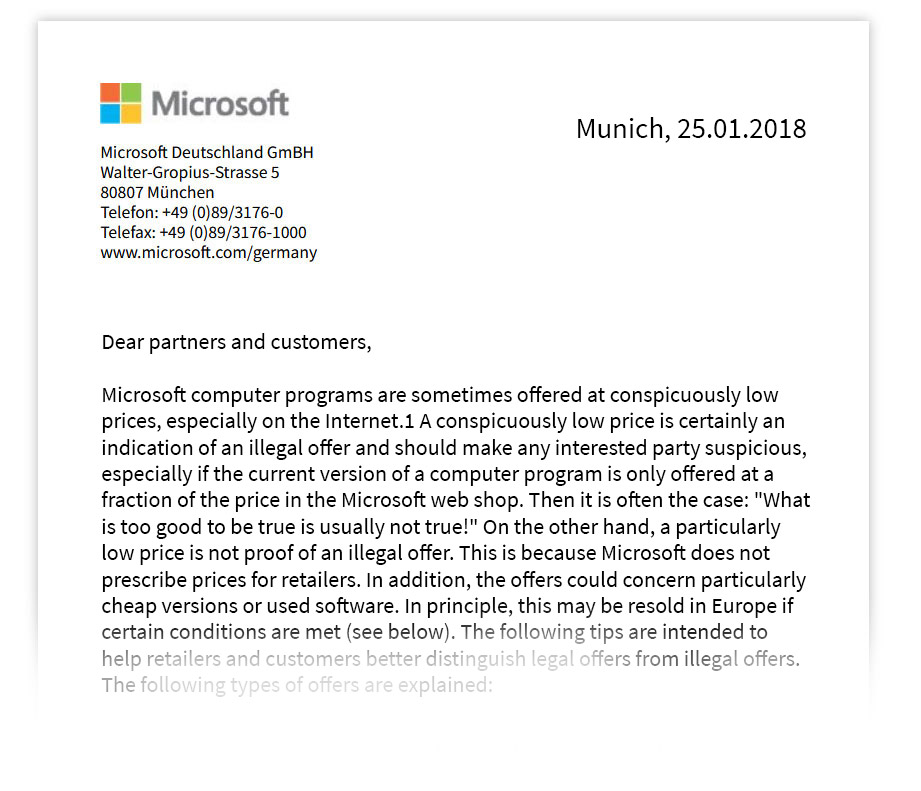 Microsoft statement legal used software
